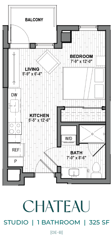 A floor plan of a one bedroom apartment with a living room, kitchen, and bathroom.