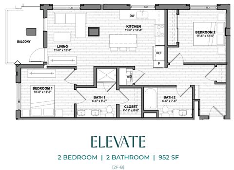 A black and white image of a floor plan for an apartment named Elevate.