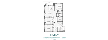 A floor plan of a finery with 3 bedrooms and 2 bathrooms.