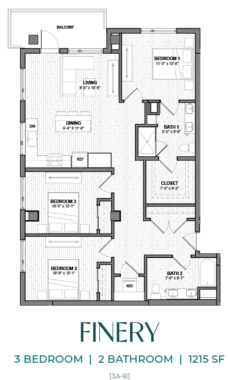 A floor plan of a finery with 3 bedrooms and 2 bathrooms.