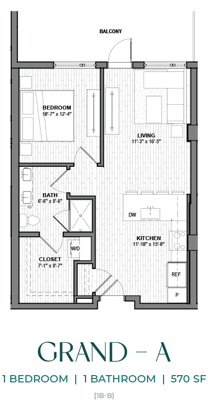 A floor plan for a one bedroom, one bathroom apartment at 570 SF.