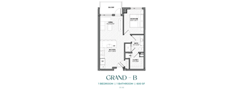 A floor plan of a one bedroom apartment with a bathroom.