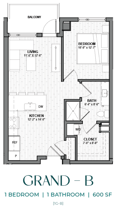 A floor plan of a one bedroom apartment with a bathroom.
