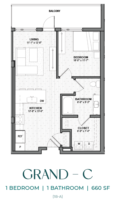 A black and white image of a floor plan for a one bedroom, one bathroom apartment.