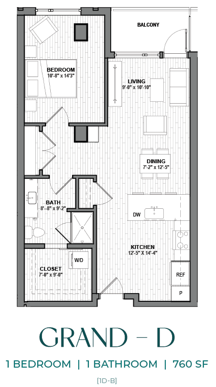 A floor plan of a one bedroom apartment with a bathroom.