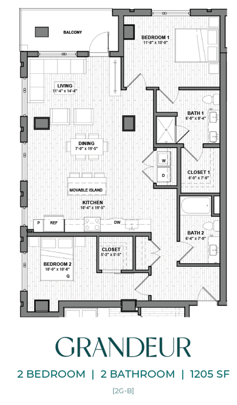 A floor plan of a 2 bedroom, 2 bathroom apartment.