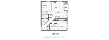 A floor plan of a 2 bedroom, 2 bathroom apartment.