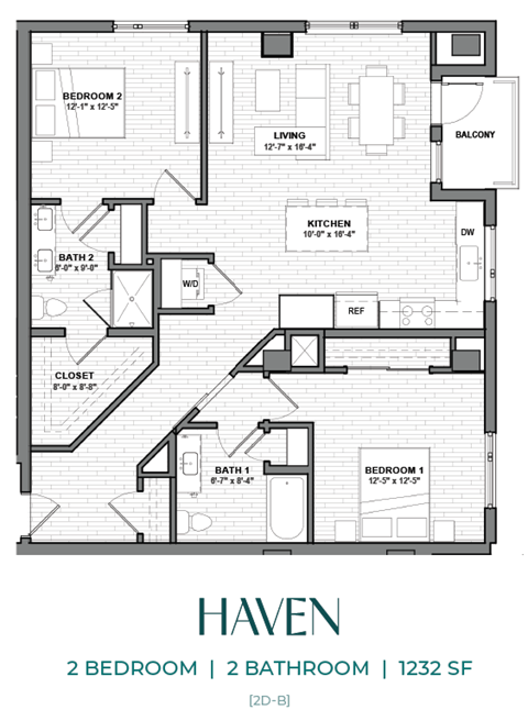 A floor plan of a 2 bedroom, 2 bathroom apartment.