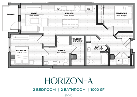 A floor plan of a 2 bedroom and 2 bathroom apartment.