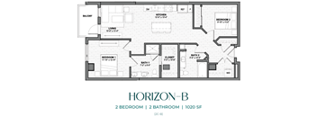 A black and white image of a floor plan for a 2 bedroom, 2 bathroom apartment.
