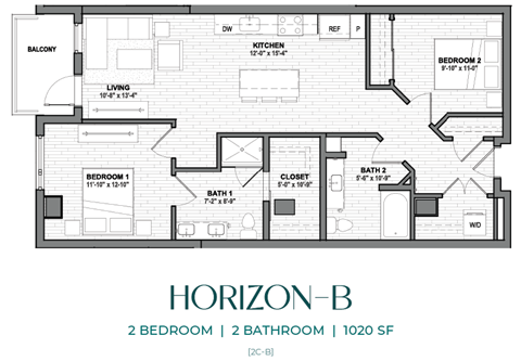 A black and white image of a floor plan for a 2 bedroom, 2 bathroom apartment.