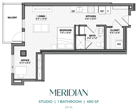 A Meridian Studio apartment floor plan with 1 bathroom and 490 square feet.