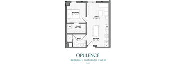 A black and white image of a floor plan for a 1 bedroom, 1 bathroom apartment.
