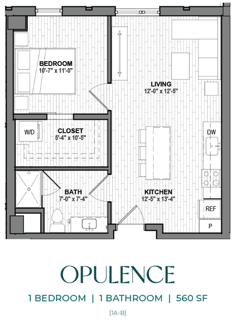 A black and white image of a floor plan for a 1 bedroom, 1 bathroom apartment.