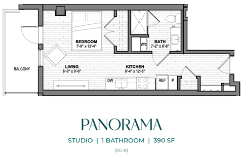 A floor plan of a one bedroom apartment with a living room, kitchen, and bathroom.