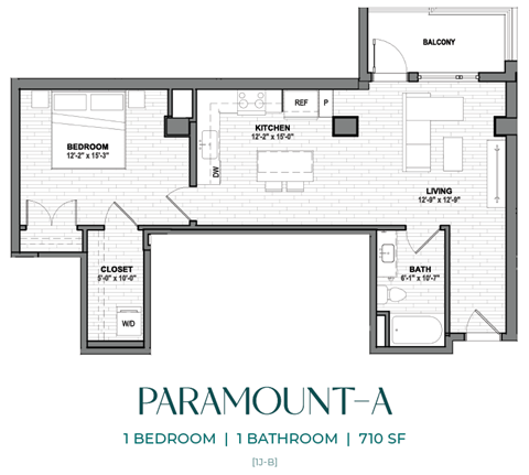 A drawing of aParamount-A floor plan with one bedroom and one bathroom.