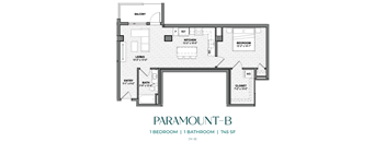 A drawing of aParamount-B floor plan with 1 bedroom and 1 bathroom.