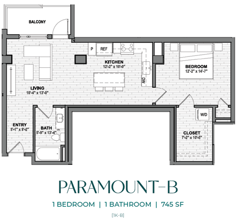 A drawing of aParamount-B floor plan with 1 bedroom and 1 bathroom.