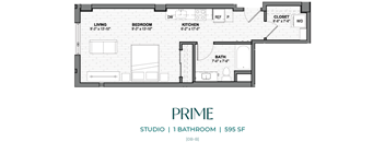 A floor plan of a studio apartment with one bathroom.