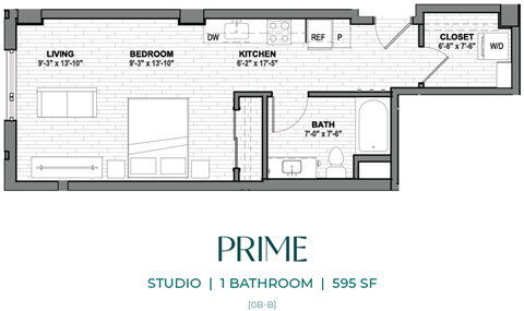 A floor plan of a studio apartment with one bathroom.