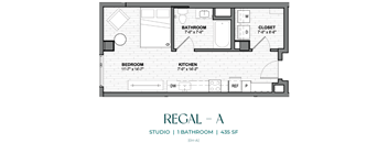 A floor plan of a studio apartment with a bathroom, bedroom, and kitchen.