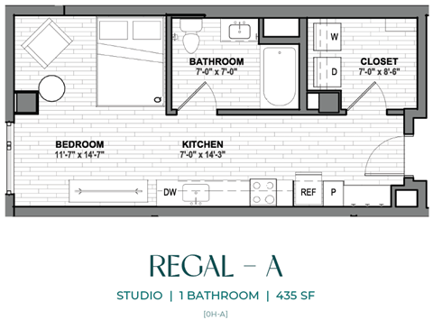 A floor plan of a studio apartment with a bathroom, bedroom, and kitchen.
