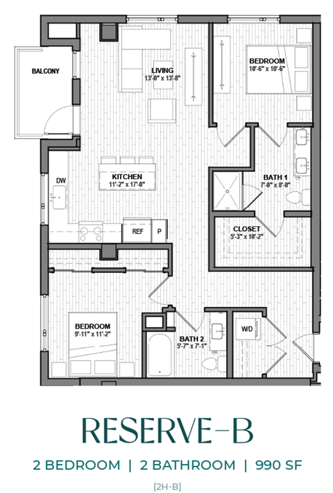 A floor plan for a 2 bedroom, 2 bathroom apartment at 990 SF.