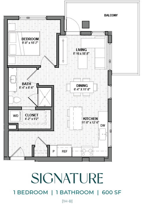A black and white image of a floor plan for a home with one bedroom and one bathroom.