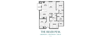 A black and white image of a floor plan for a 2 bedroom, 2 bathroom apartment at 1300 SF.