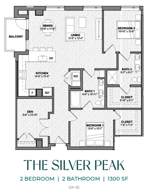 A black and white image of a floor plan for a 2 bedroom, 2 bathroom apartment at 1300 SF.