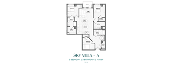 A floor plan of a three bedroom apartment with three bathrooms.
