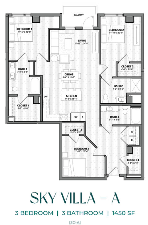 A floor plan of a three bedroom apartment with three bathrooms.