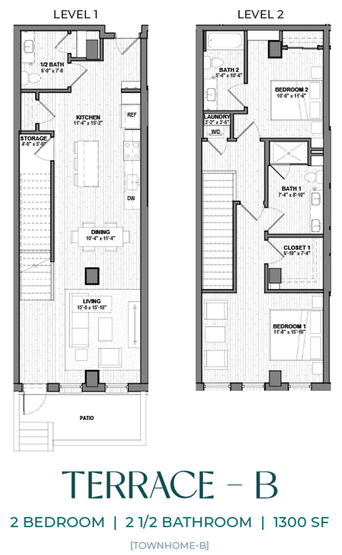 A floor plan for a two bedroom apartment with two bathrooms and a patio.