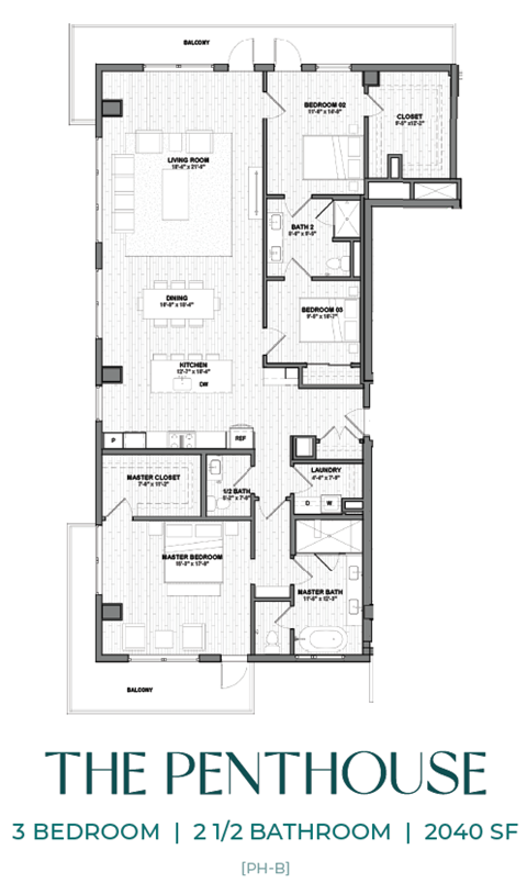 A black and white image of a penthouse apartment floor plan.