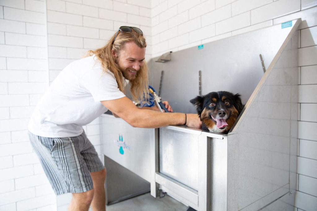 A man is petting a black dog in a white room.