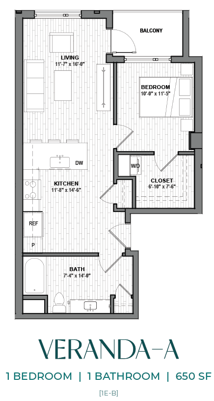 A floor plan of a one bedroom apartment with a bathroom.