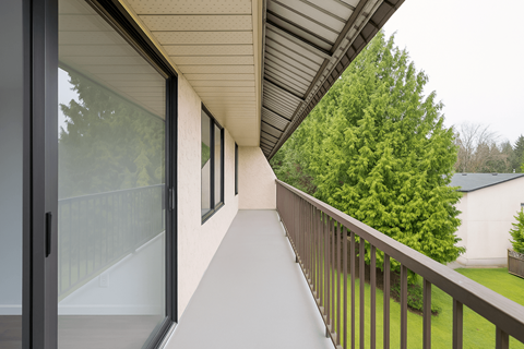 A balcony with a railing and a view of a green tree.