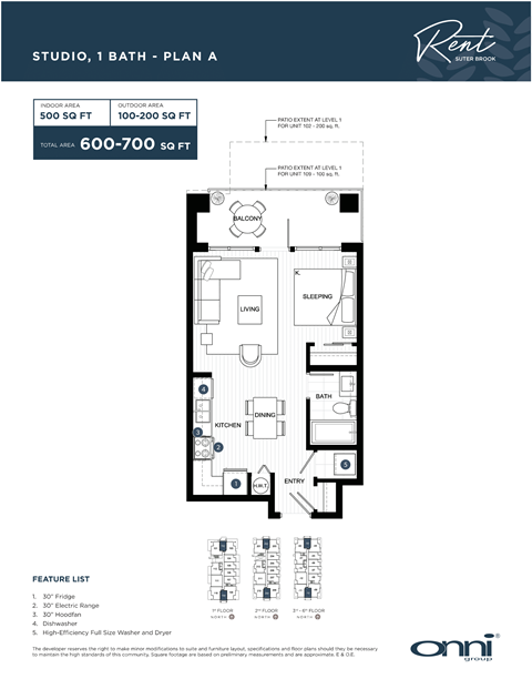 A floor plan for a studio apartment with one bathroom is displayed.