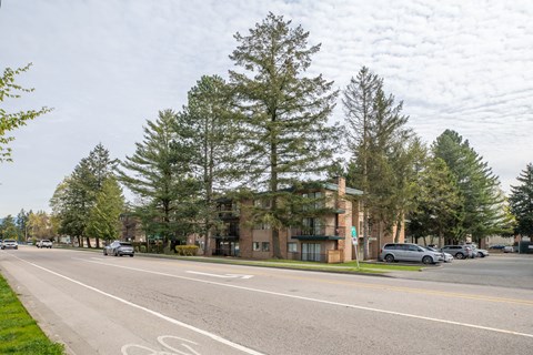 A street with a bike lane and a building in the background.