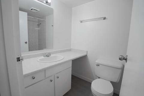 A white bathroom with a toilet, sink, and mirror.