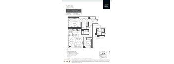 A floor plan for a 2 bedroom apartment with a detailed feature list.
