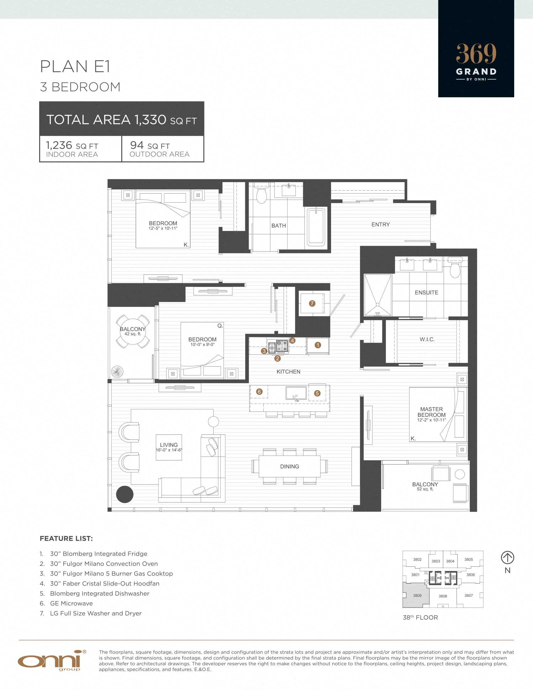 A floor plan for a 3 bedroom apartment with a detailed feature list.