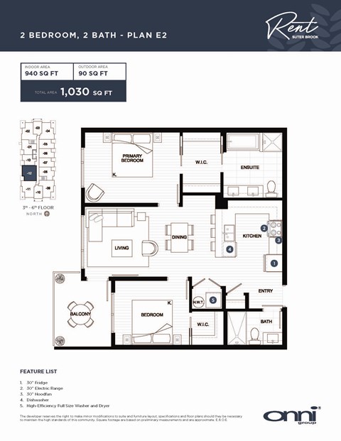 A floor plan for a 2 bedroom, 2 bathroom apartment with a living room, kitchen, and bathroom details.