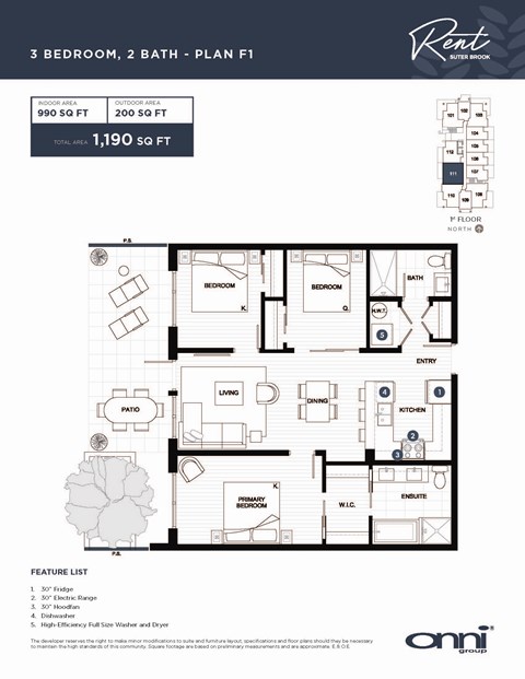 A floor plan for a 3 bedroom, 2 bathroom apartment is displayed.
