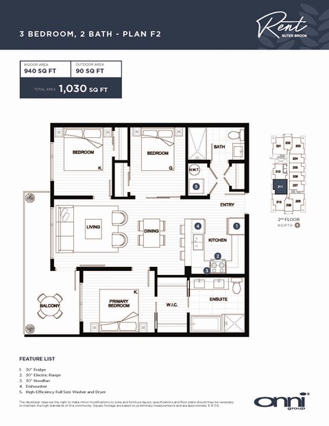 A floor plan for a 3 bedroom, 2 bathroom apartment.