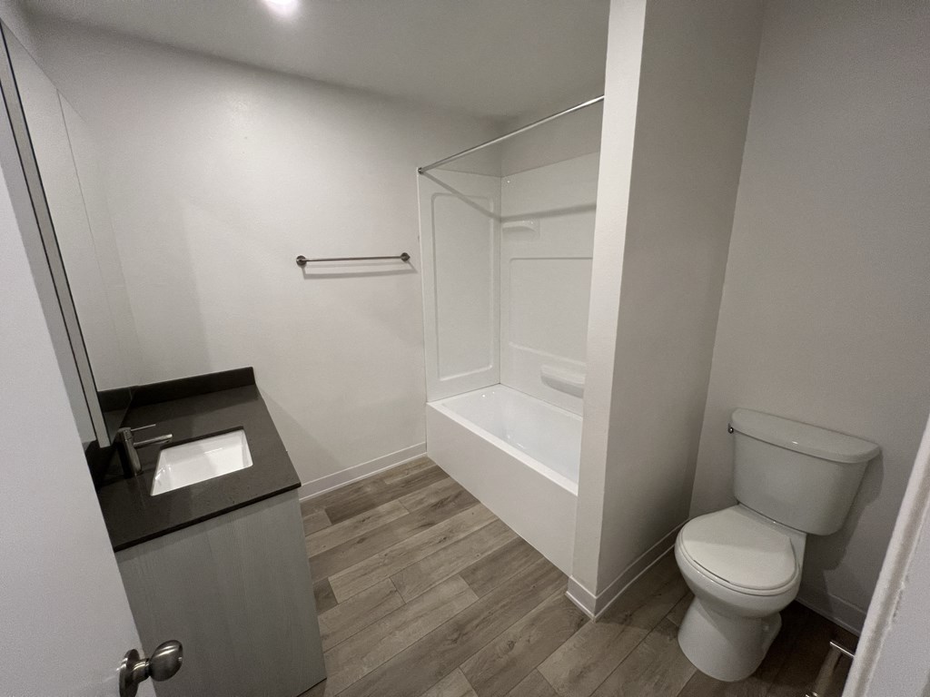 a bathroom with a toilet and a tub and a sink