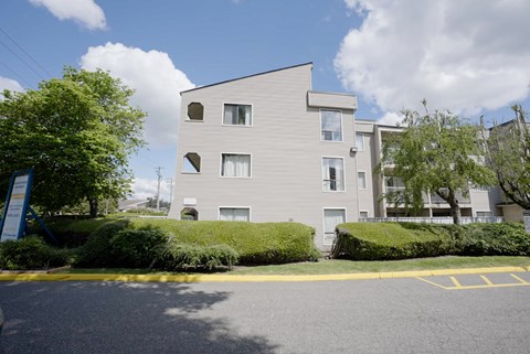 A modern building with a grey facade and a yellow parking lot in front.