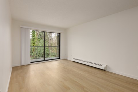 A room with a sliding glass door and a radiator on the floor.