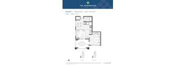 A blue and white floor plan for a one bedroom apartment.