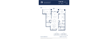 A floor plan for a residence with a living room, dining room, kitchen, and two bathrooms.